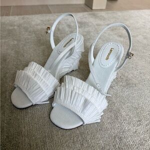 Larroude White Ruffle Slingback Sandal Wedges